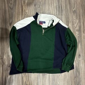 90s Color Blocked Green and Navy Quarter Zip Sweater